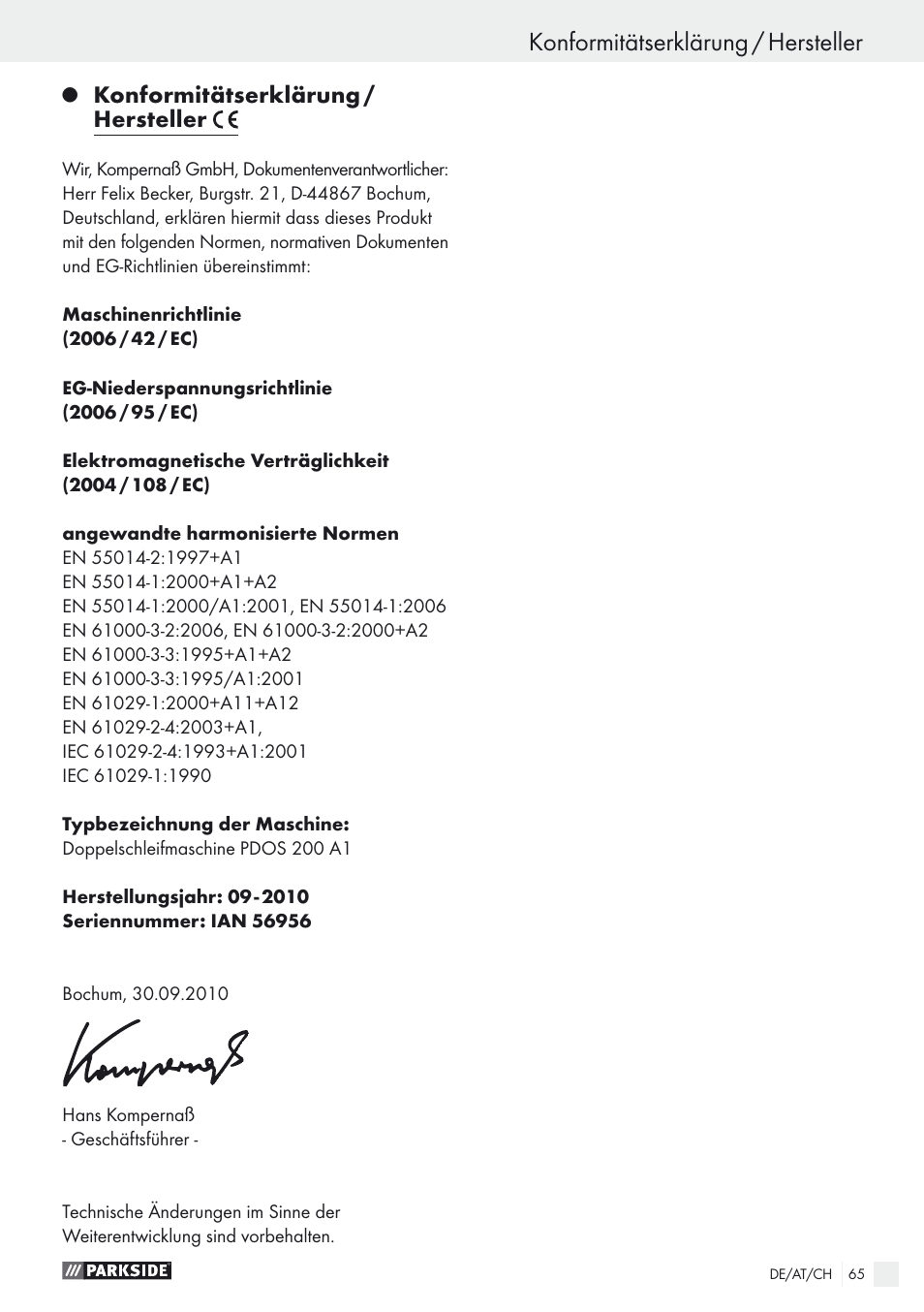 Konformitätserklärung / hersteller | Parkside PDOS 200 A1 User Manual | Page 65 / 66