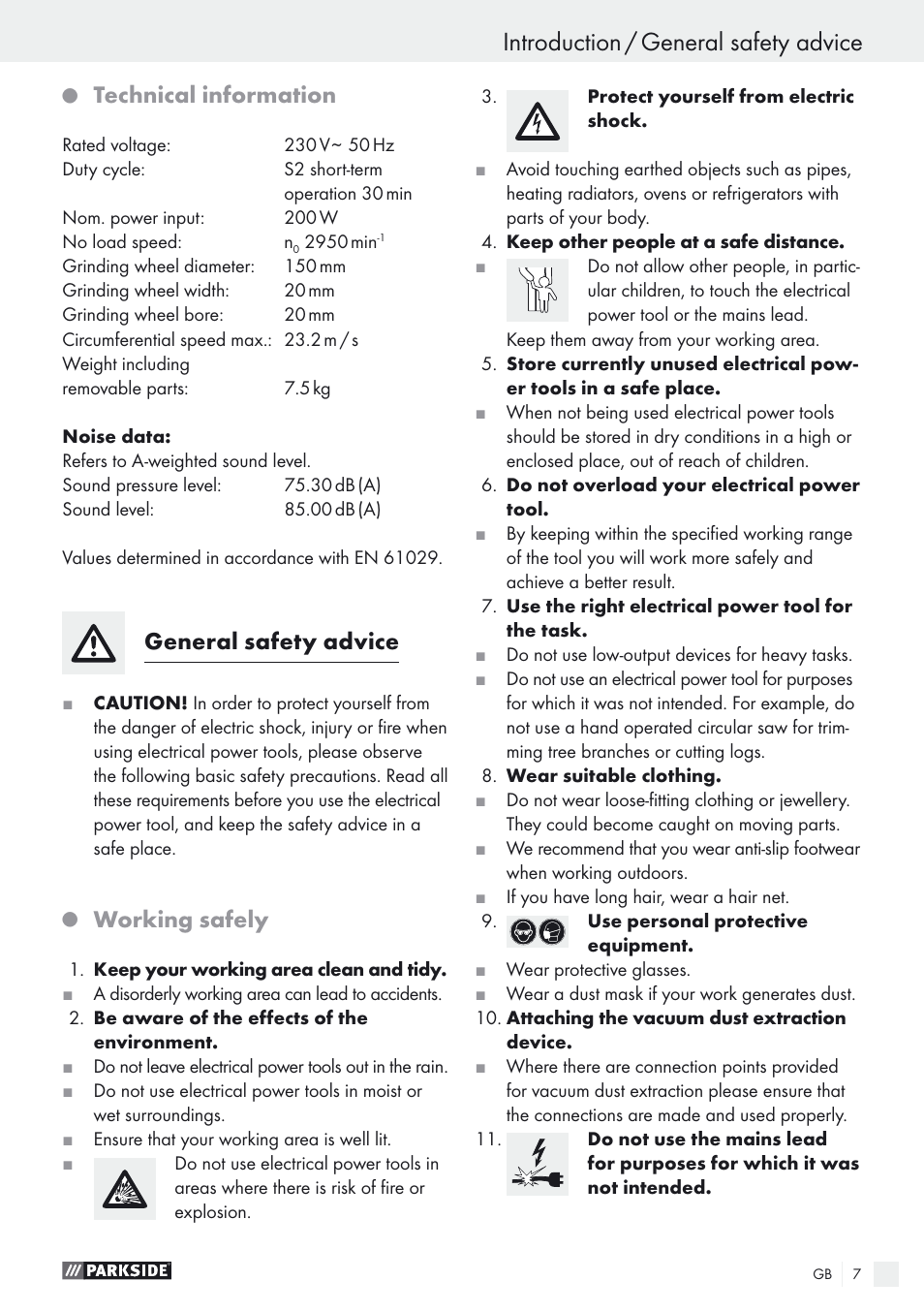 Introduction / general safety advice, Technical information, General safety advice | Working safely | Parkside PDOS 200 A1 User Manual | Page 7 / 66