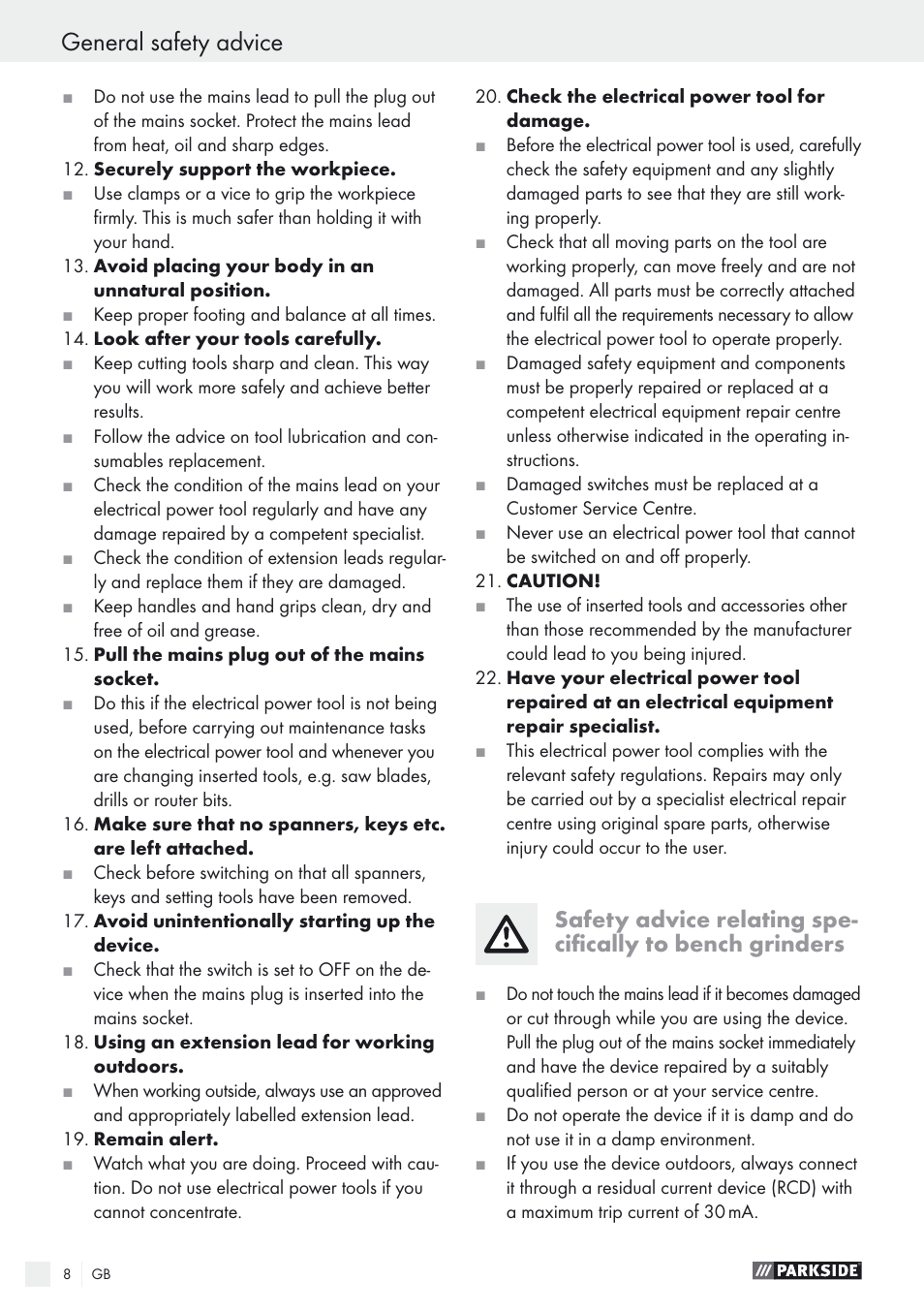 General safety advice | Parkside PDOS 200 A1 User Manual | Page 8 / 66