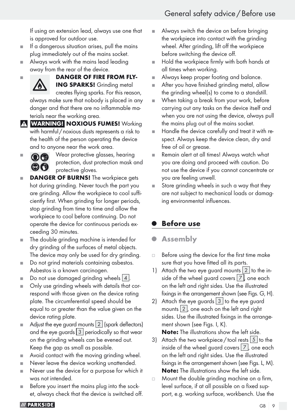 General safety advice / before use, Before use, Assembly | Parkside PDOS 200 A1 User Manual | Page 9 / 66