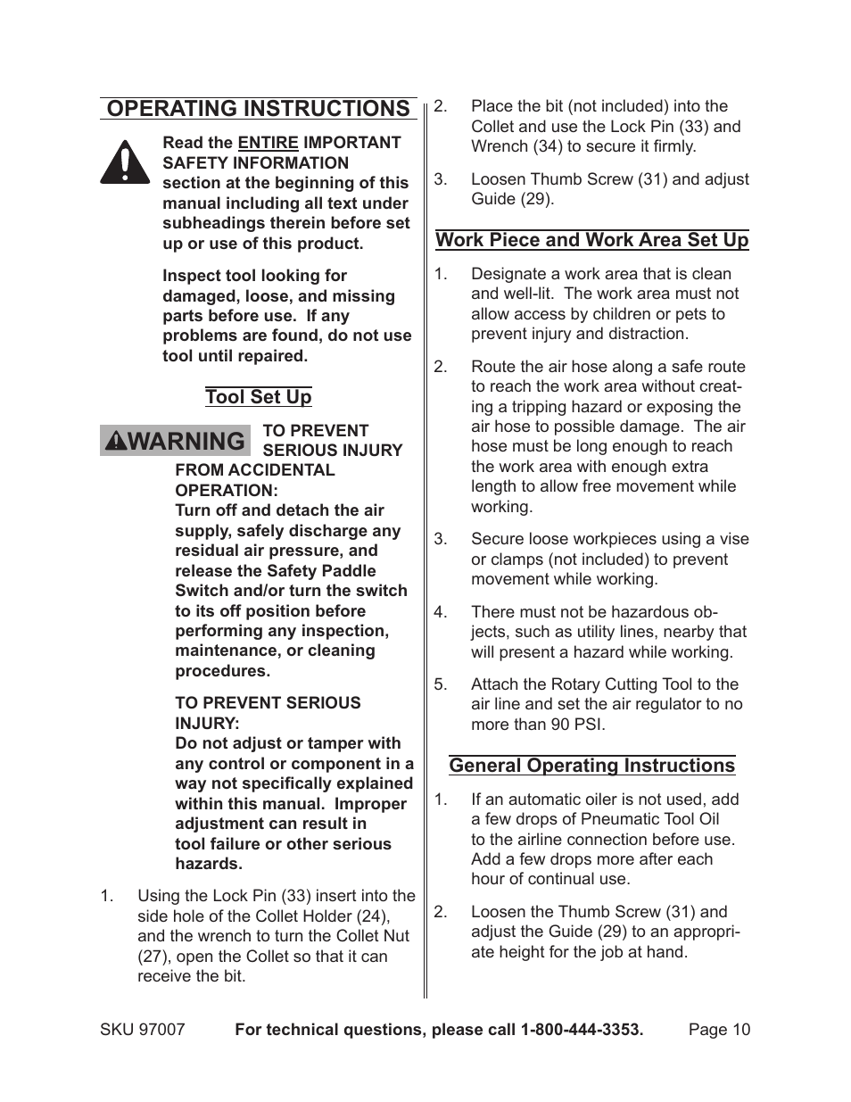 Warning, Operating instructions | Harbor Freight Tools Model 97007 User Manual | Page 10 / 15