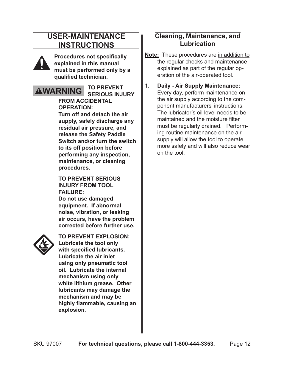 Warning, User-maintenance instructions | Harbor Freight Tools Model 97007 User Manual | Page 12 / 15
