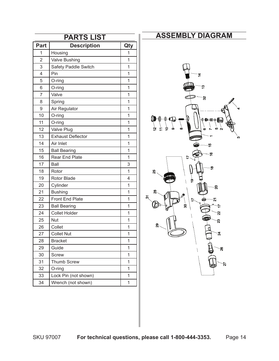 Parts list, Assembly diagram | Harbor Freight Tools Model 97007 User Manual | Page 14 / 15