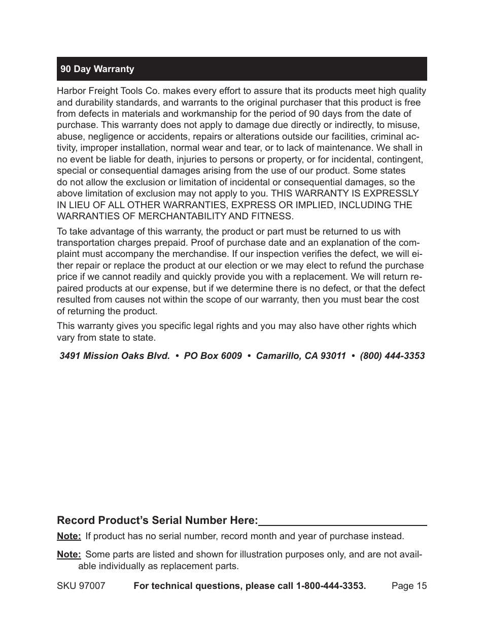 Harbor Freight Tools Model 97007 User Manual | Page 15 / 15