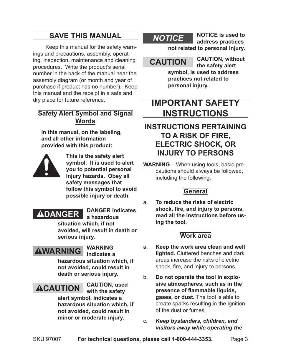 Important safety instructions, Danger warning caution notice caution, Save this manual | Harbor Freight Tools Model 97007 User Manual | Page 3 / 15