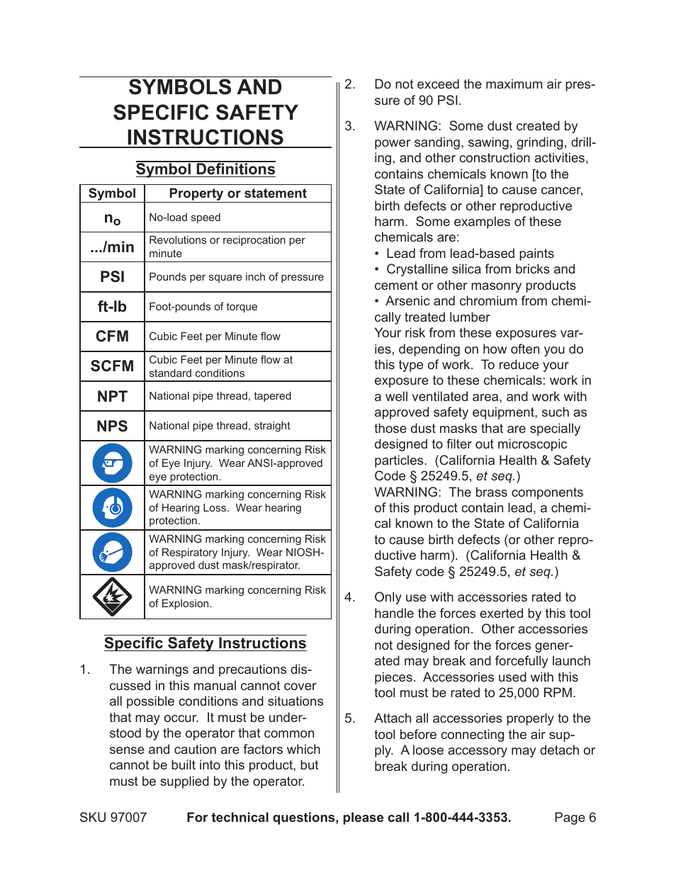 Symbols and specific safety instructions | Harbor Freight Tools Model 97007 User Manual | Page 6 / 15