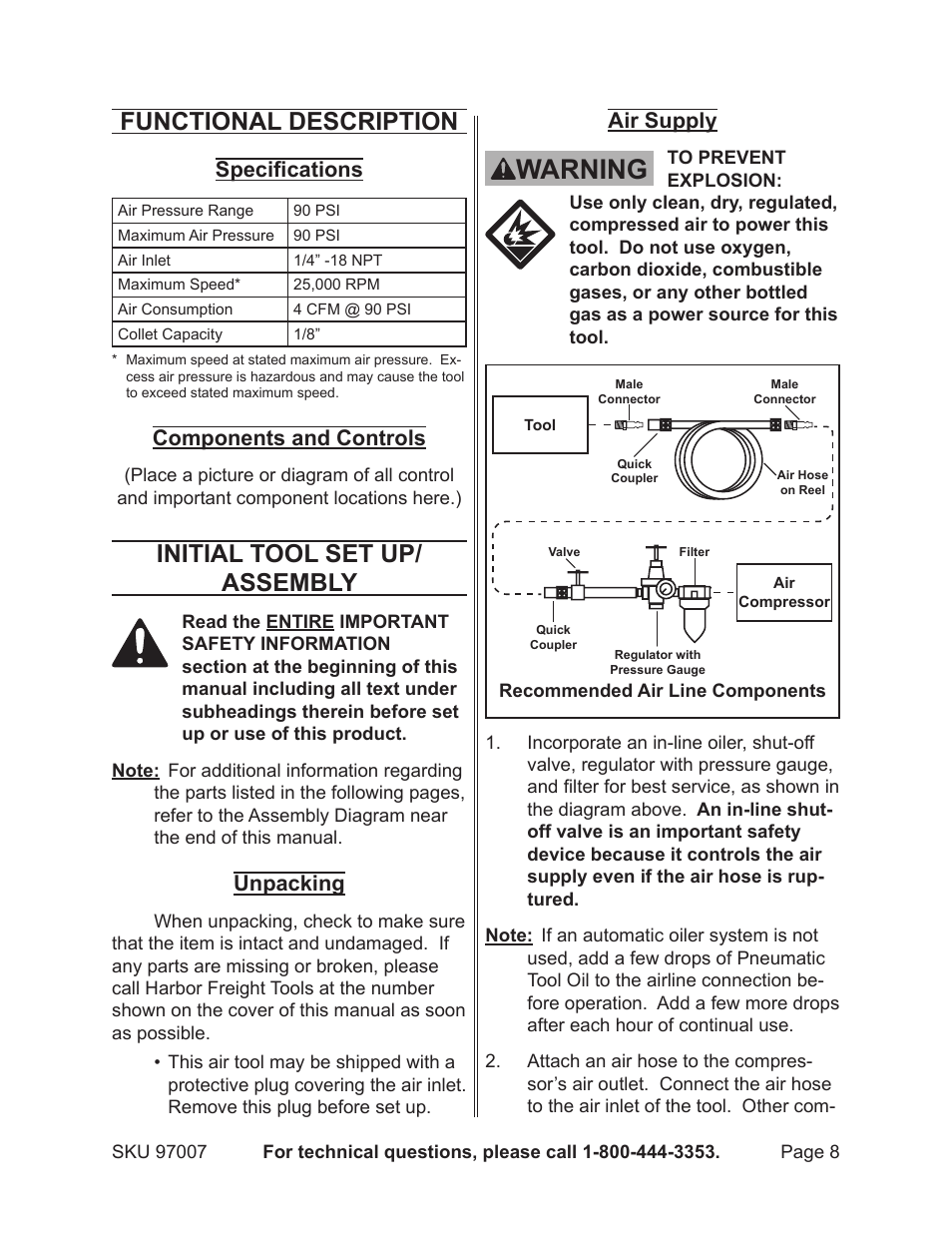 Warning, Functional description, Initial tool set up/ assembly | Specifications, Components and controls, Unpacking, Air supply | Harbor Freight Tools Model 97007 User Manual | Page 8 / 15