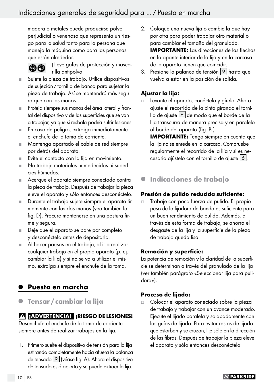 Puesta en marcha, Tensar / cambiar la lija, Indicaciones de trabajo | Parkside PBS 900 A1 User Manual | Page 10 / 55
