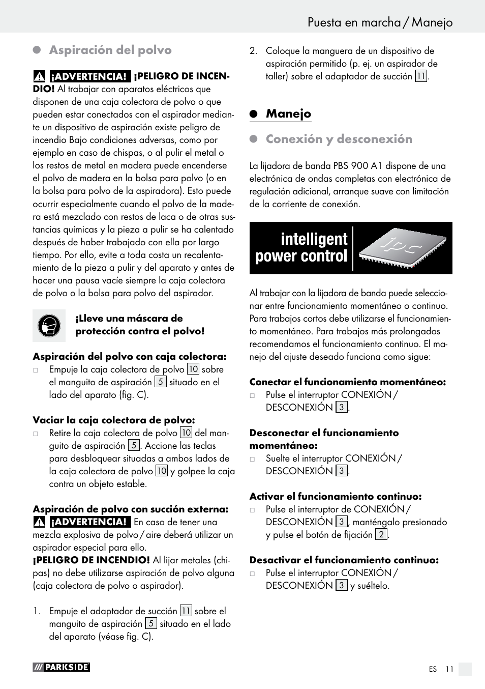 Puesta en marcha / manejo, Aspiración del polvo, Manejo | Conexión y desconexión | Parkside PBS 900 A1 User Manual | Page 11 / 55