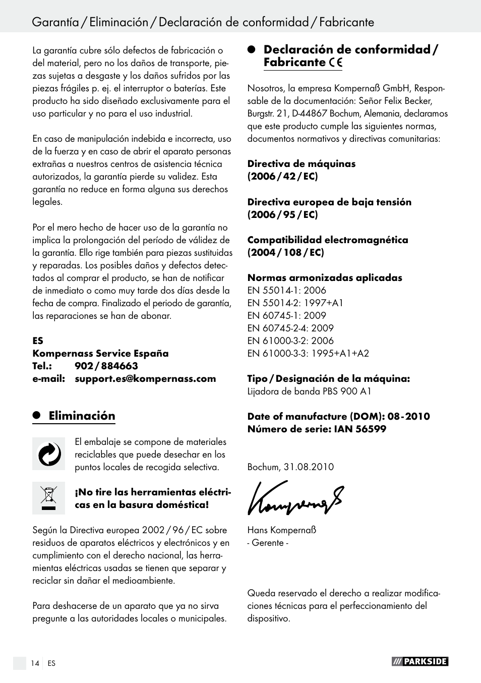 Eliminación, Declaración de conformidad / fabricante | Parkside PBS 900 A1 User Manual | Page 14 / 55