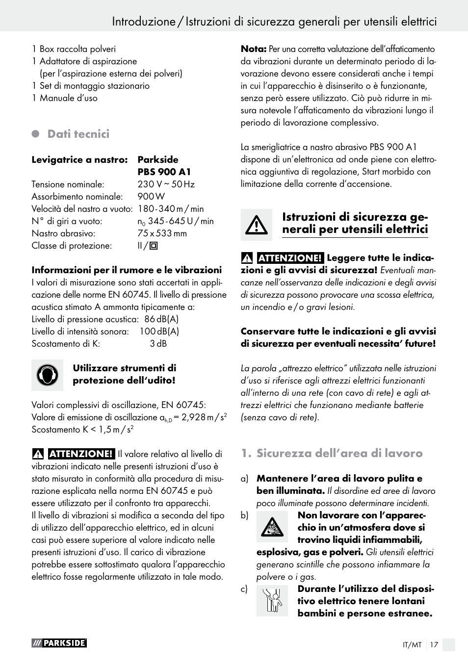 Dati tecnici, Sicurezza dell’area di lavoro | Parkside PBS 900 A1 User Manual | Page 17 / 55