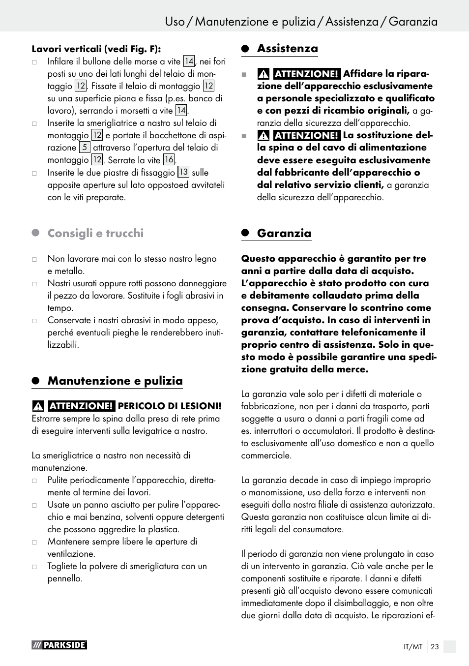 Consigli e trucchi, Manutenzione e pulizia, Assistenza | Garanzia | Parkside PBS 900 A1 User Manual | Page 23 / 55