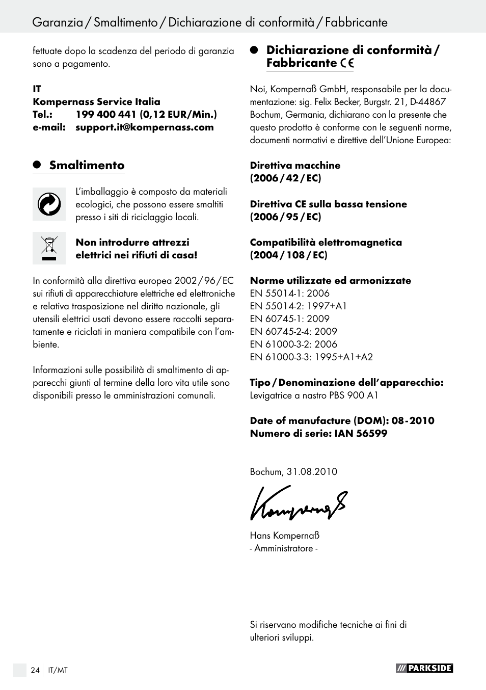 Smaltimento, Dichiarazione di conformità / fabbricante | Parkside PBS 900 A1 User Manual | Page 24 / 55