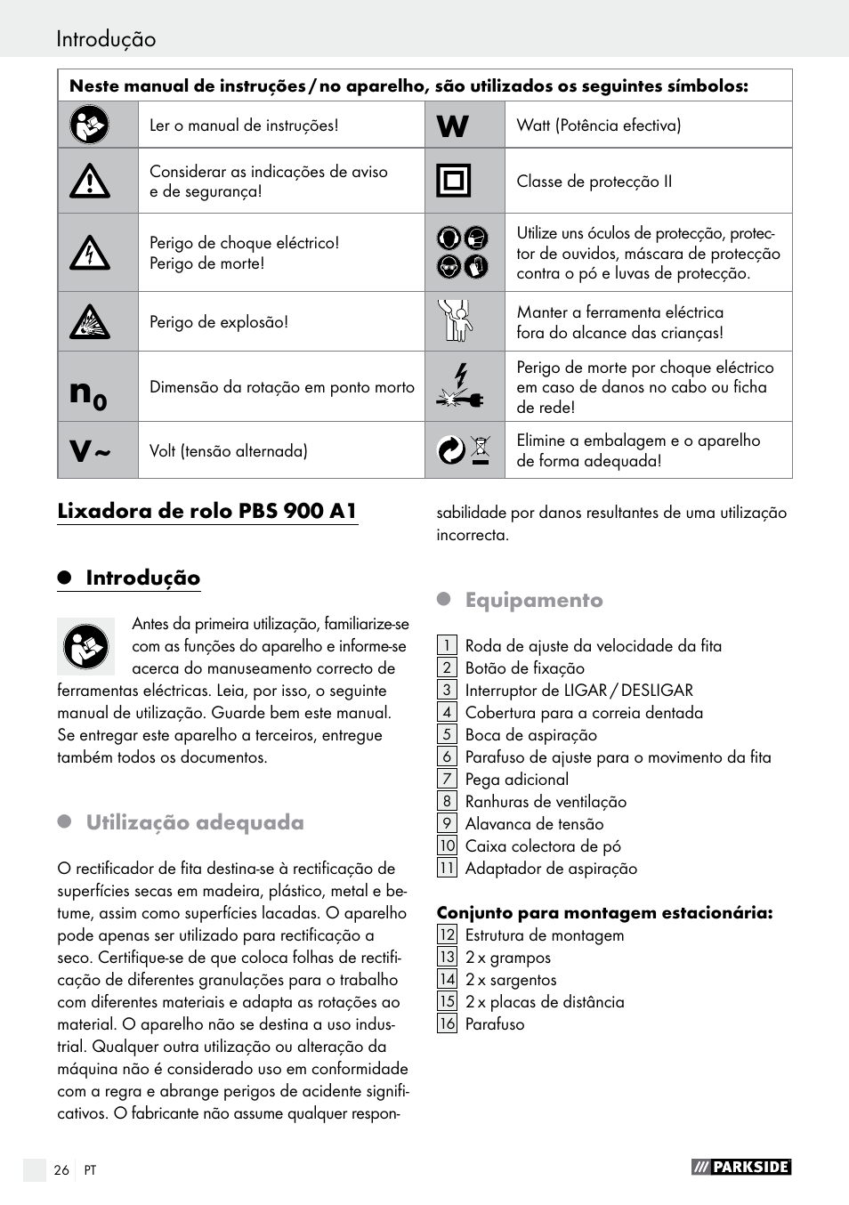 Introdução, Lixadora de rolo pbs 900 a1, Utilização adequada | Equipamento | Parkside PBS 900 A1 User Manual | Page 26 / 55