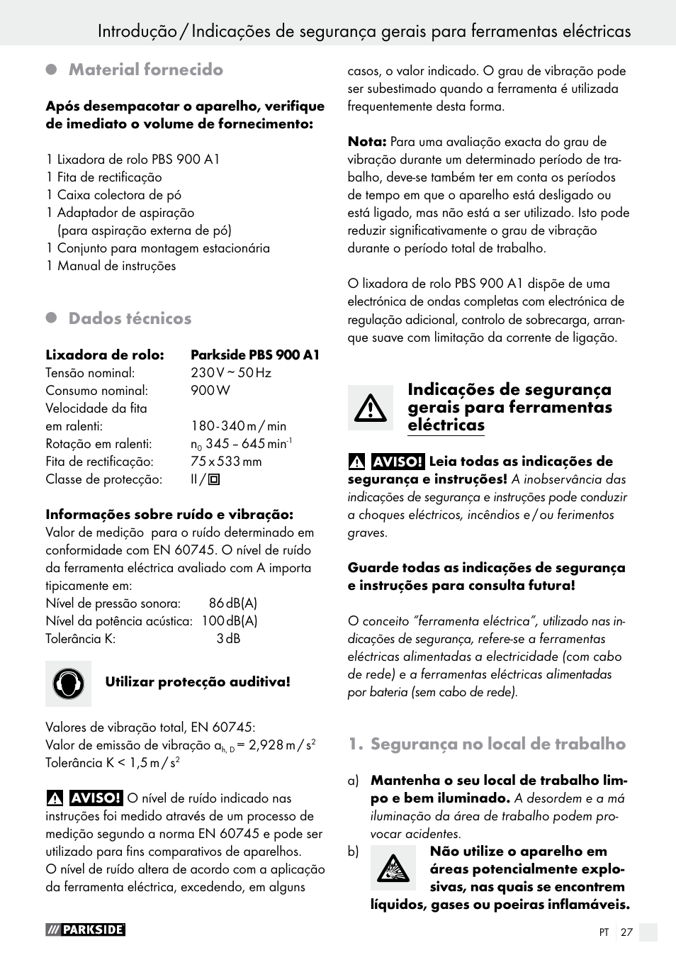 Material fornecido, Dados técnicos, Segurança no local de trabalho | Parkside PBS 900 A1 User Manual | Page 27 / 55