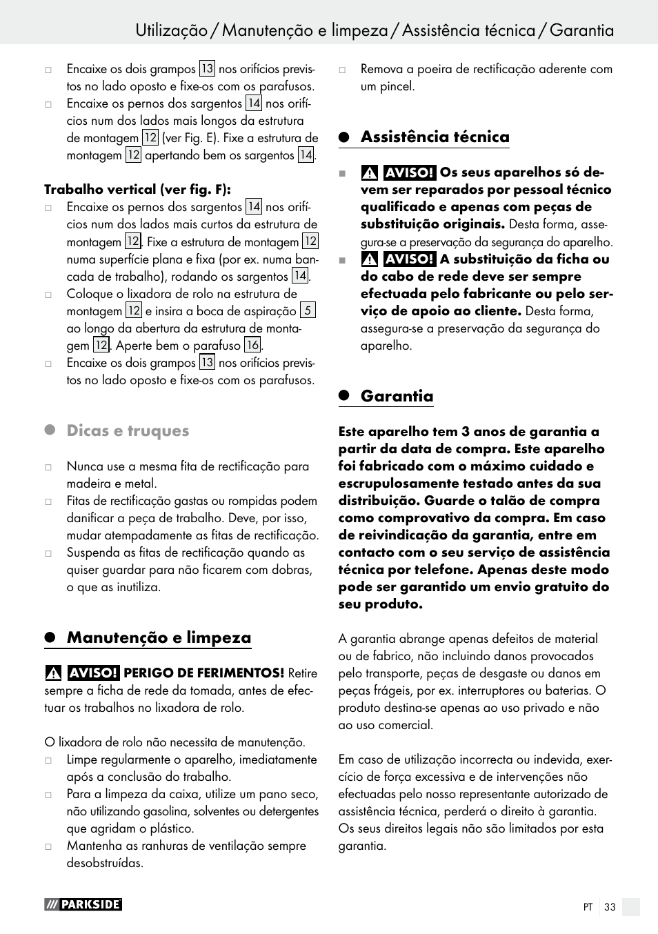 Dicas e truques, Manutenção e limpeza, Assistência técnica | Garantia | Parkside PBS 900 A1 User Manual | Page 33 / 55