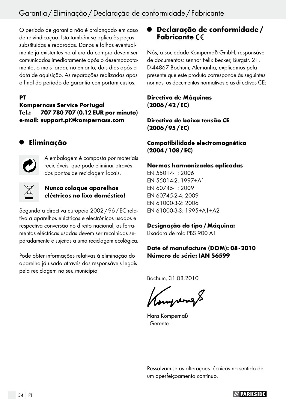 Eliminação, Declaração de conformidade / fabricante | Parkside PBS 900 A1 User Manual | Page 34 / 55