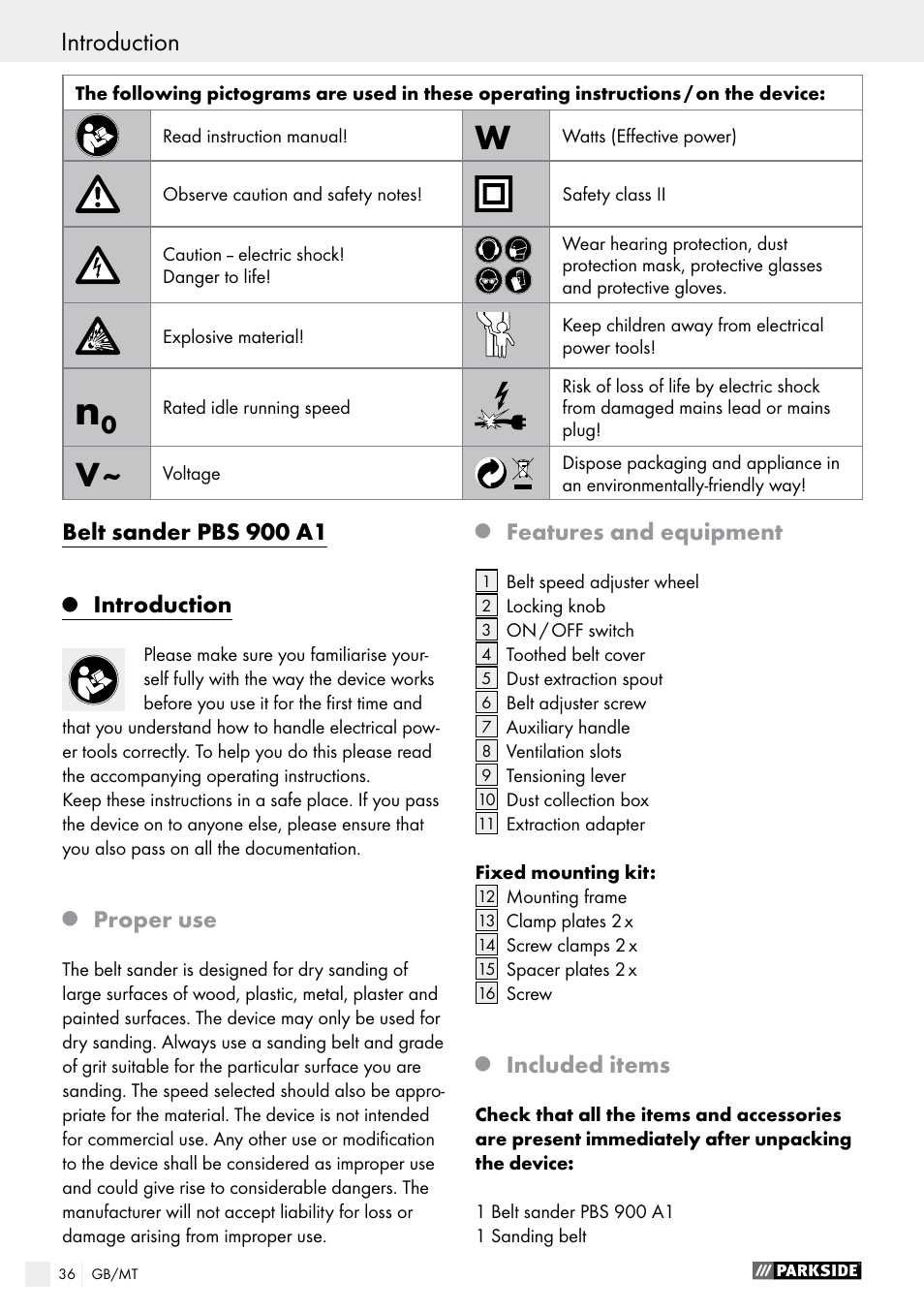 Introduction, Belt sander pbs 900 a1, Proper use | Features and equipment, Included items | Parkside PBS 900 A1 User Manual | Page 36 / 55