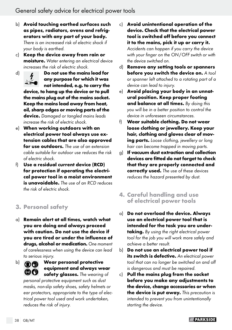 General safety advice for electrical power tools, Personal safety, Careful handling and use of electrical power tools | Parkside PBS 900 A1 User Manual | Page 38 / 55