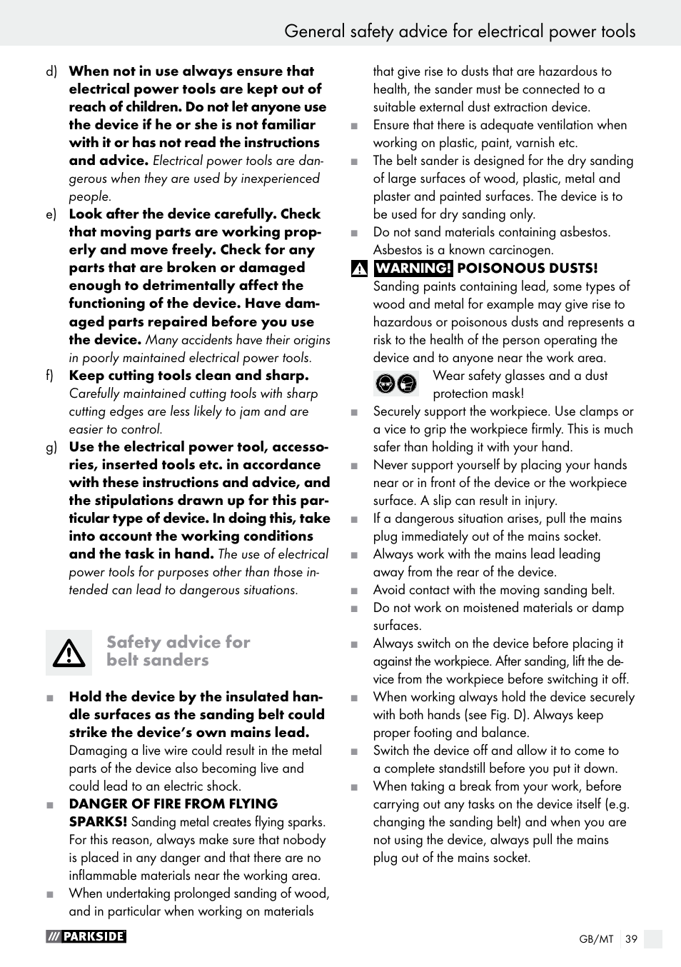 General safety advice for electrical power tools, Safety advice for belt sanders | Parkside PBS 900 A1 User Manual | Page 39 / 55