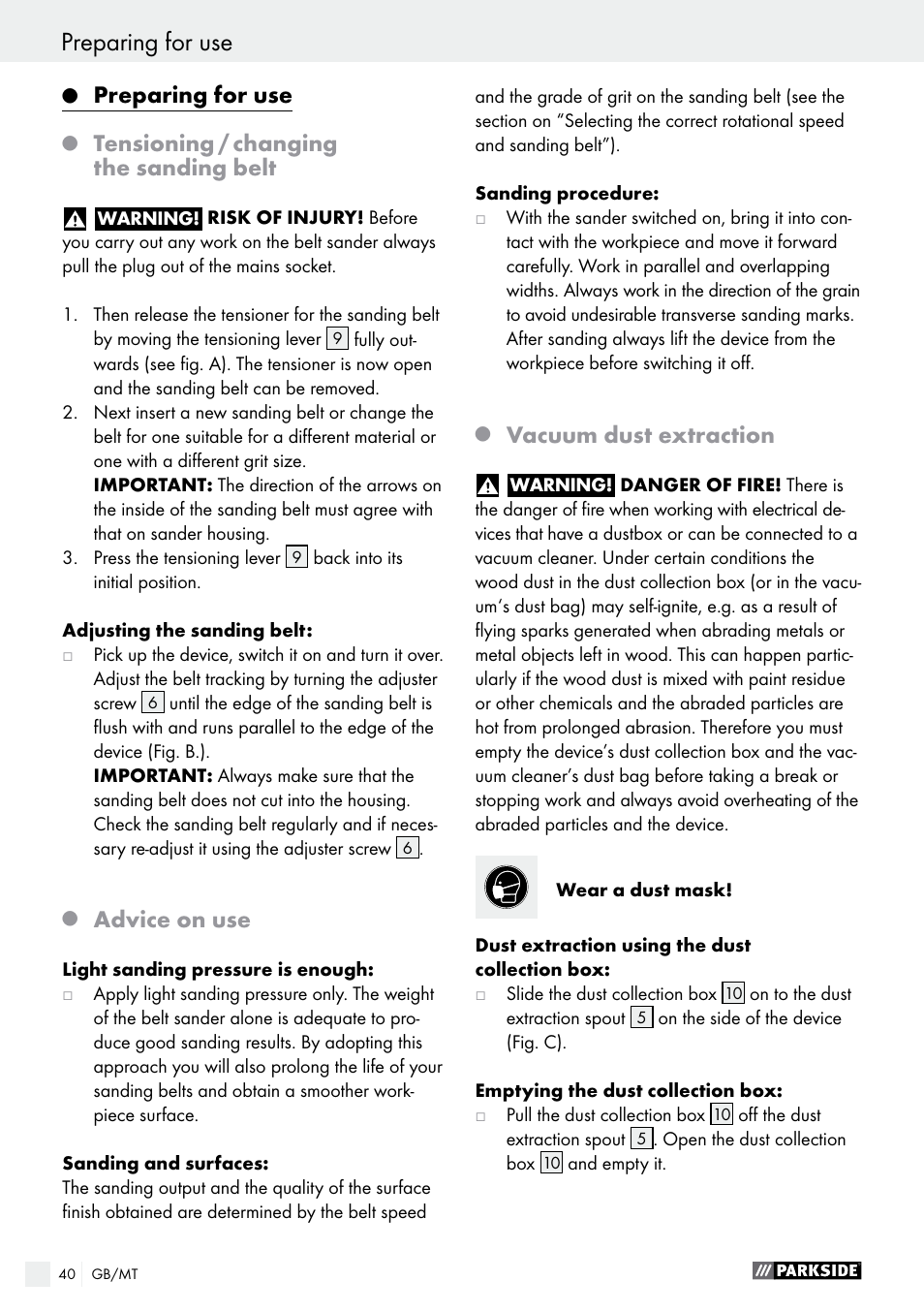 Preparing for use, Tensioning / changing the sanding belt, Advice on use | Vacuum dust extraction | Parkside PBS 900 A1 User Manual | Page 40 / 55