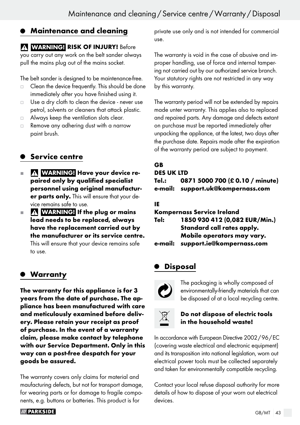 Maintenance and cleaning, Service centre, Warranty | Disposal | Parkside PBS 900 A1 User Manual | Page 43 / 55