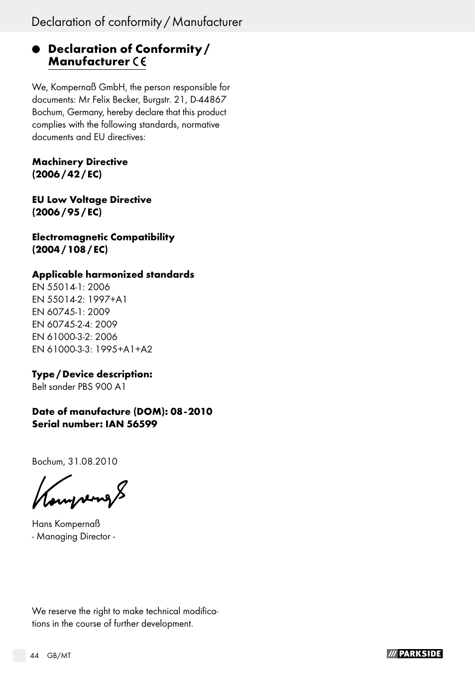 Declaration of conformity / manufacturer | Parkside PBS 900 A1 User Manual | Page 44 / 55