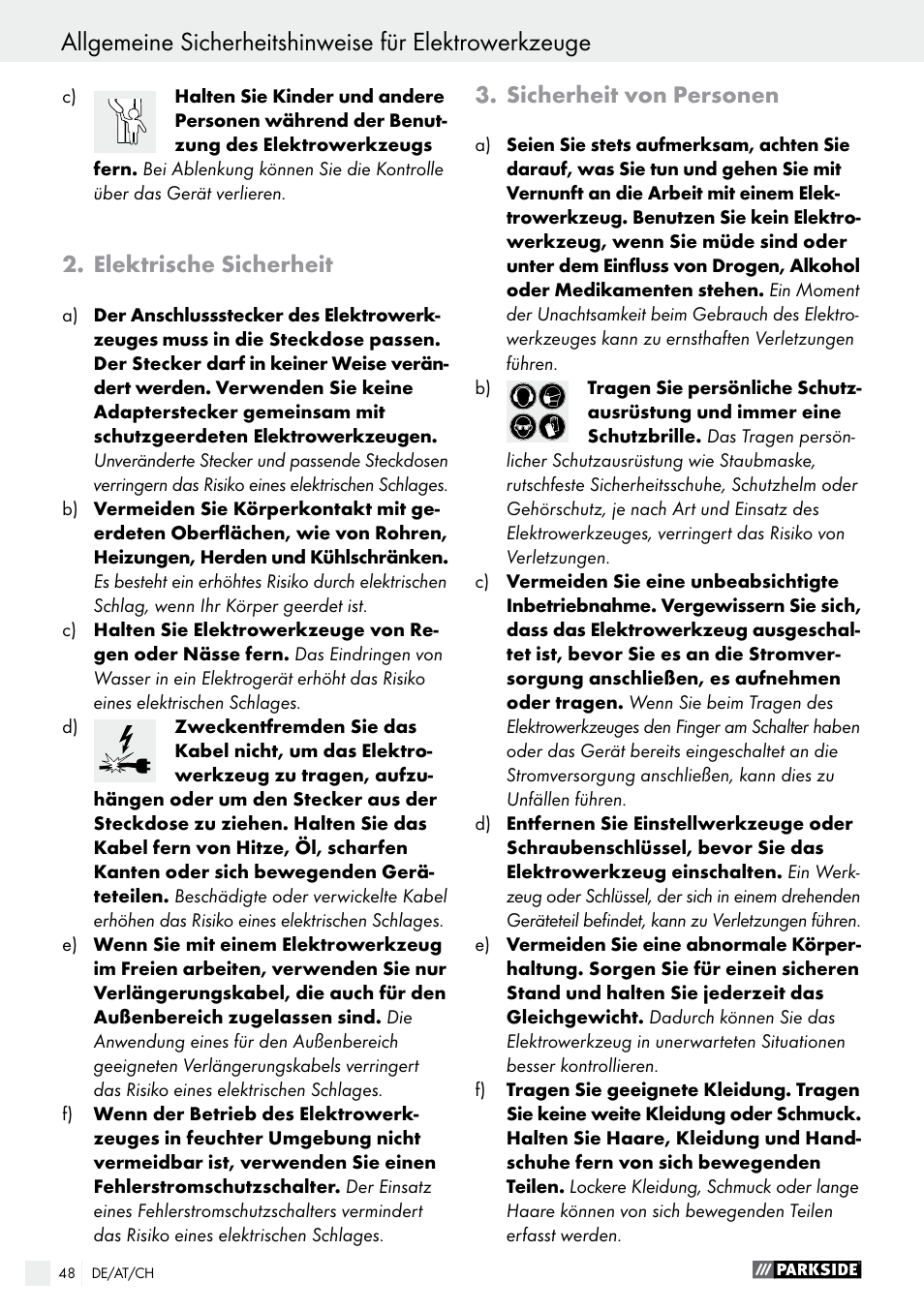 Elektrische sicherheit, Sicherheit von personen | Parkside PBS 900 A1 User Manual | Page 48 / 55