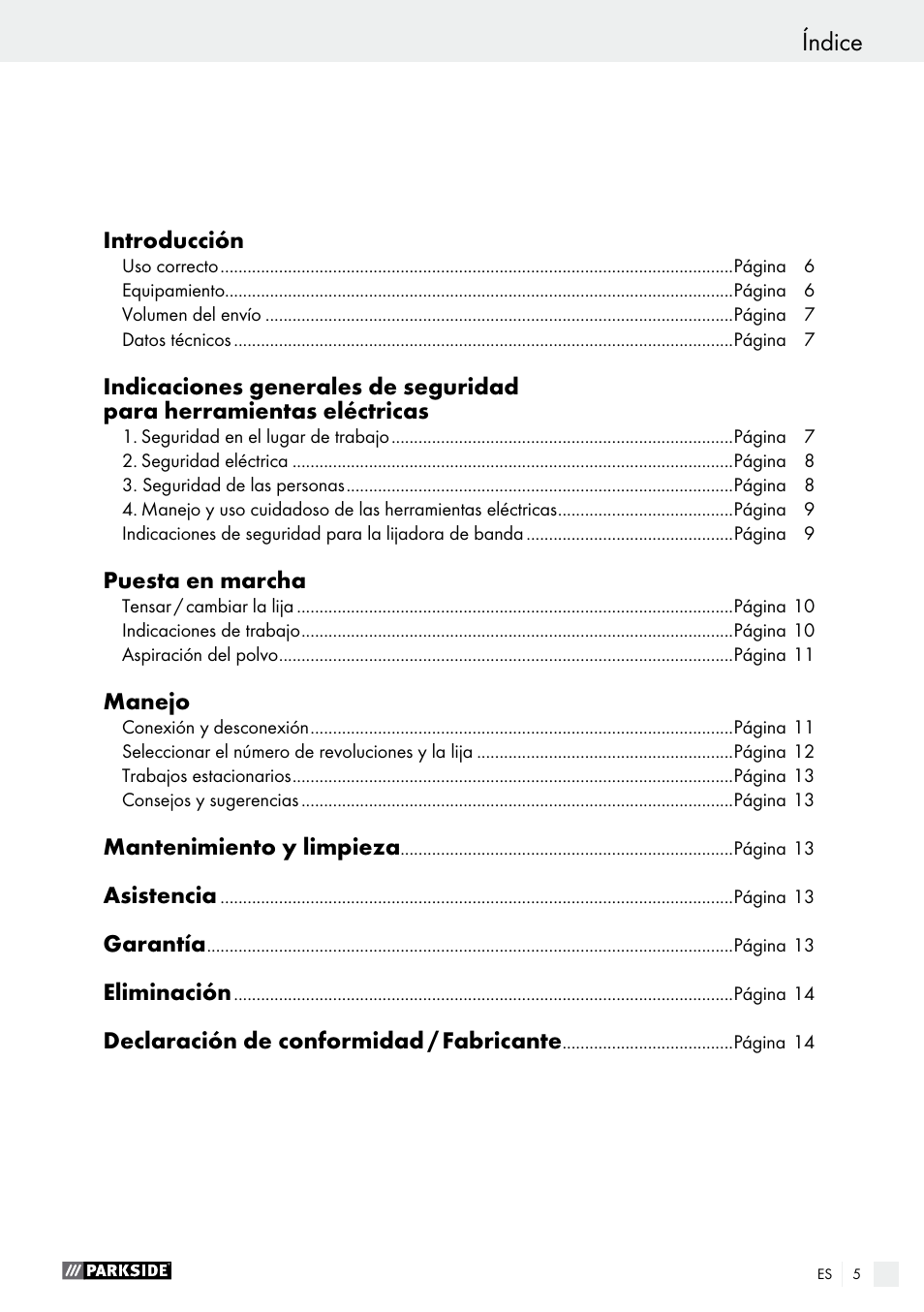 Índice | Parkside PBS 900 A1 User Manual | Page 5 / 55
