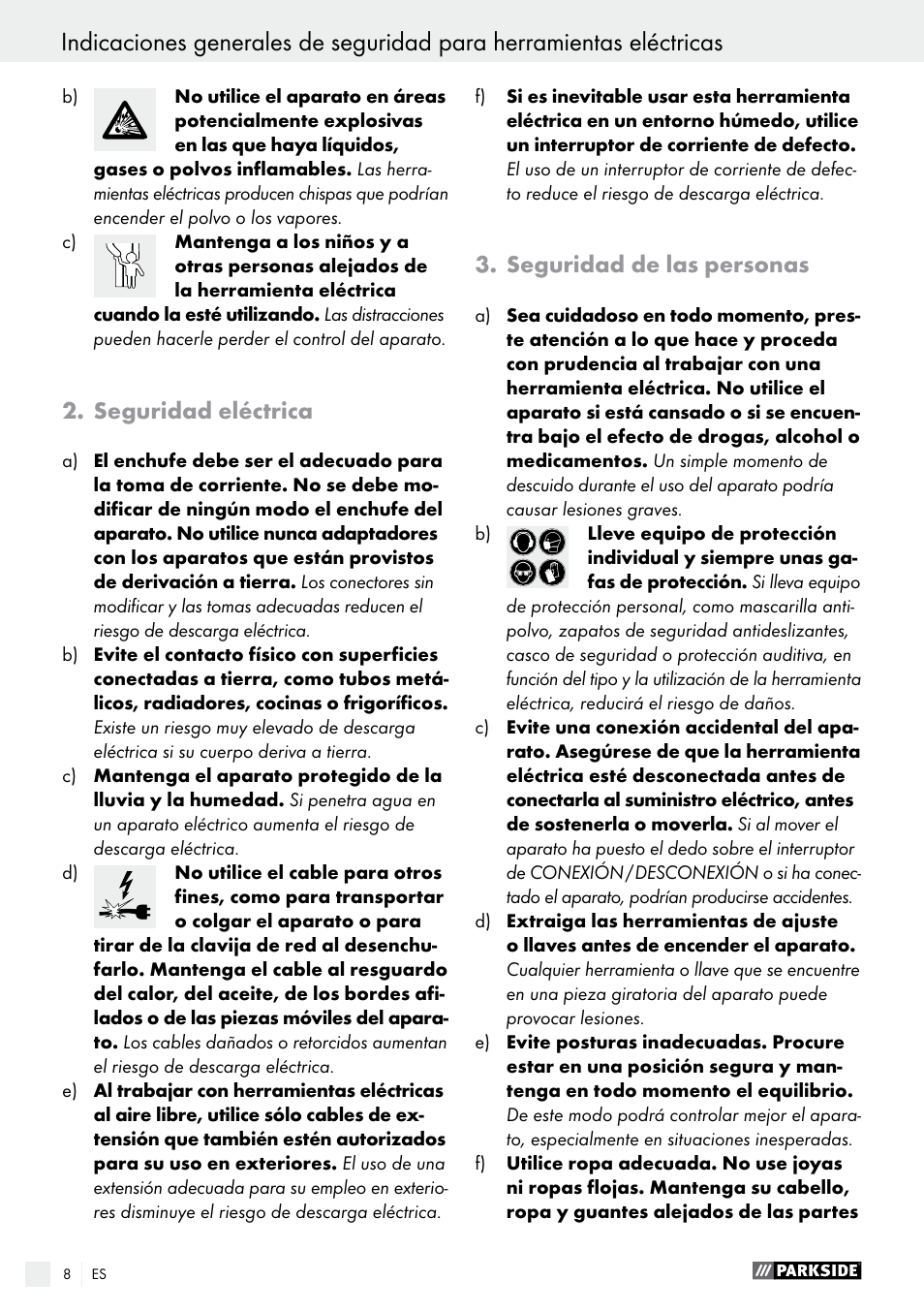 Seguridad eléctrica, Seguridad de las personas | Parkside PBS 900 A1 User Manual | Page 8 / 55