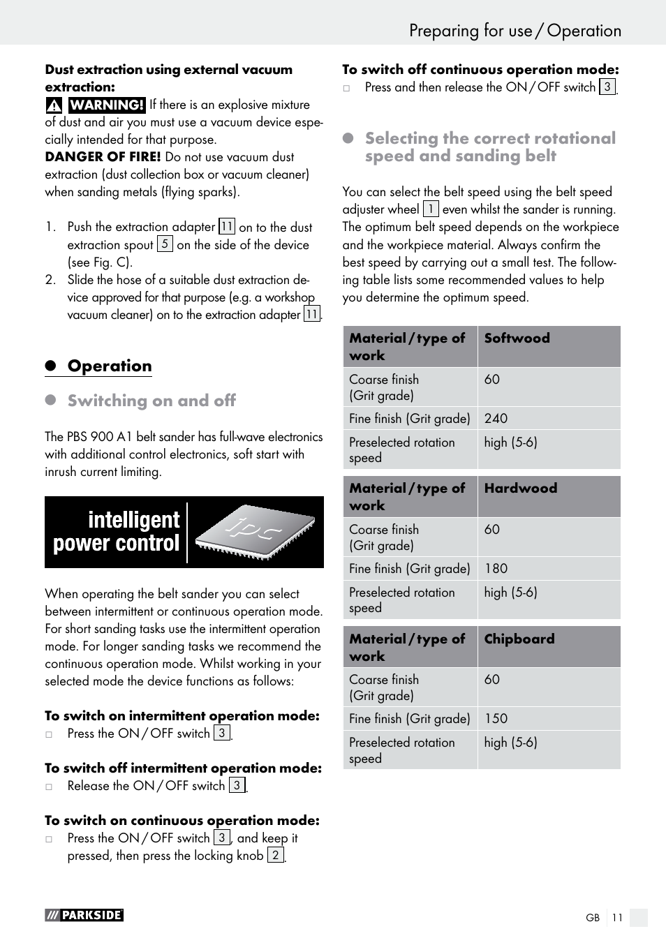 Preparing for use / operation, Operation, Switching on and off | Parkside PBS 900 A1 User Manual | Page 11 / 79