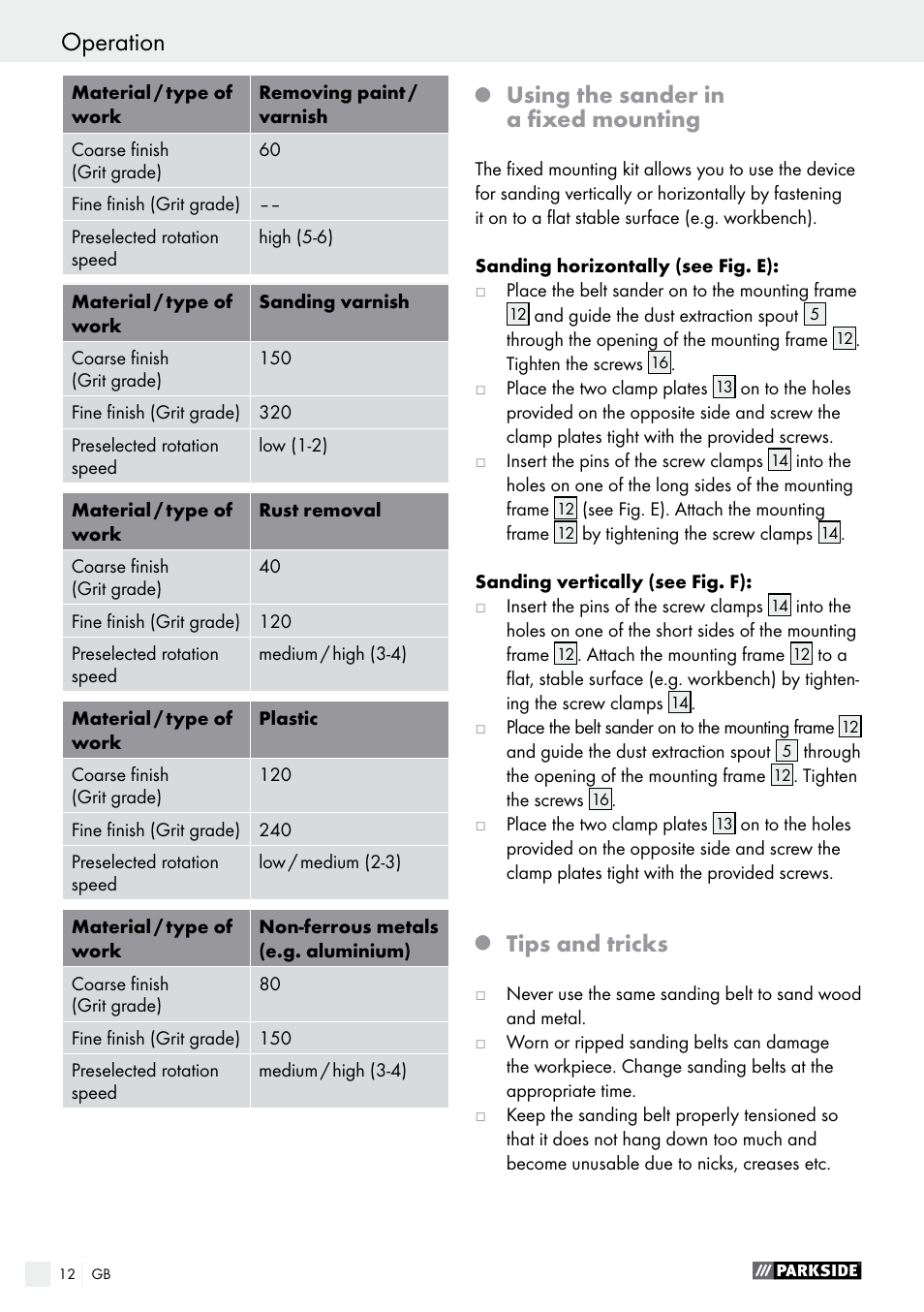 Operation, Using the sander in a fixed mounting, Tips and tricks | Parkside PBS 900 A1 User Manual | Page 12 / 79