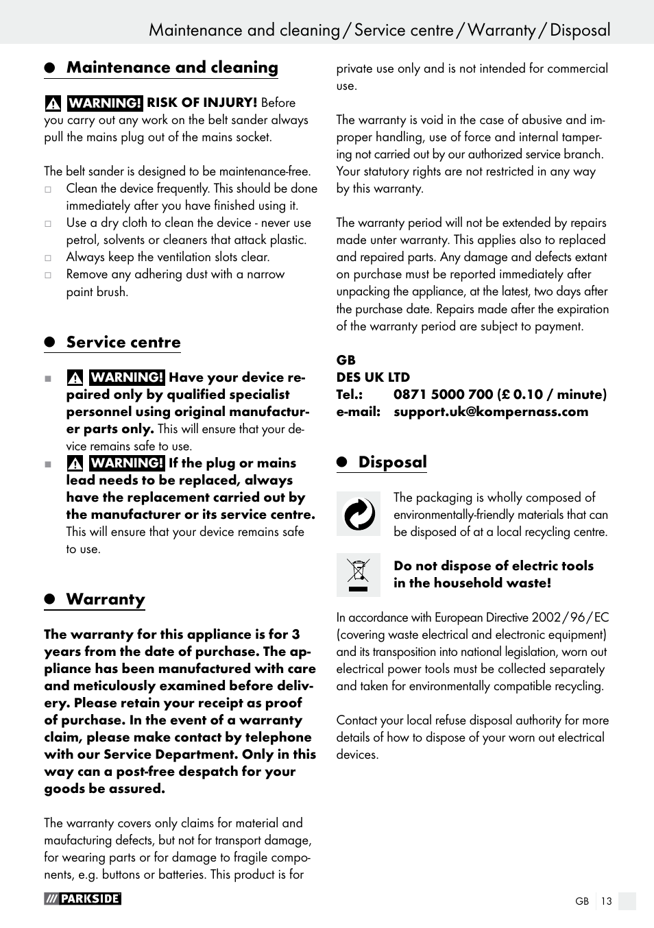 Maintenance and cleaning, Service centre, Warranty | Disposal | Parkside PBS 900 A1 User Manual | Page 13 / 79