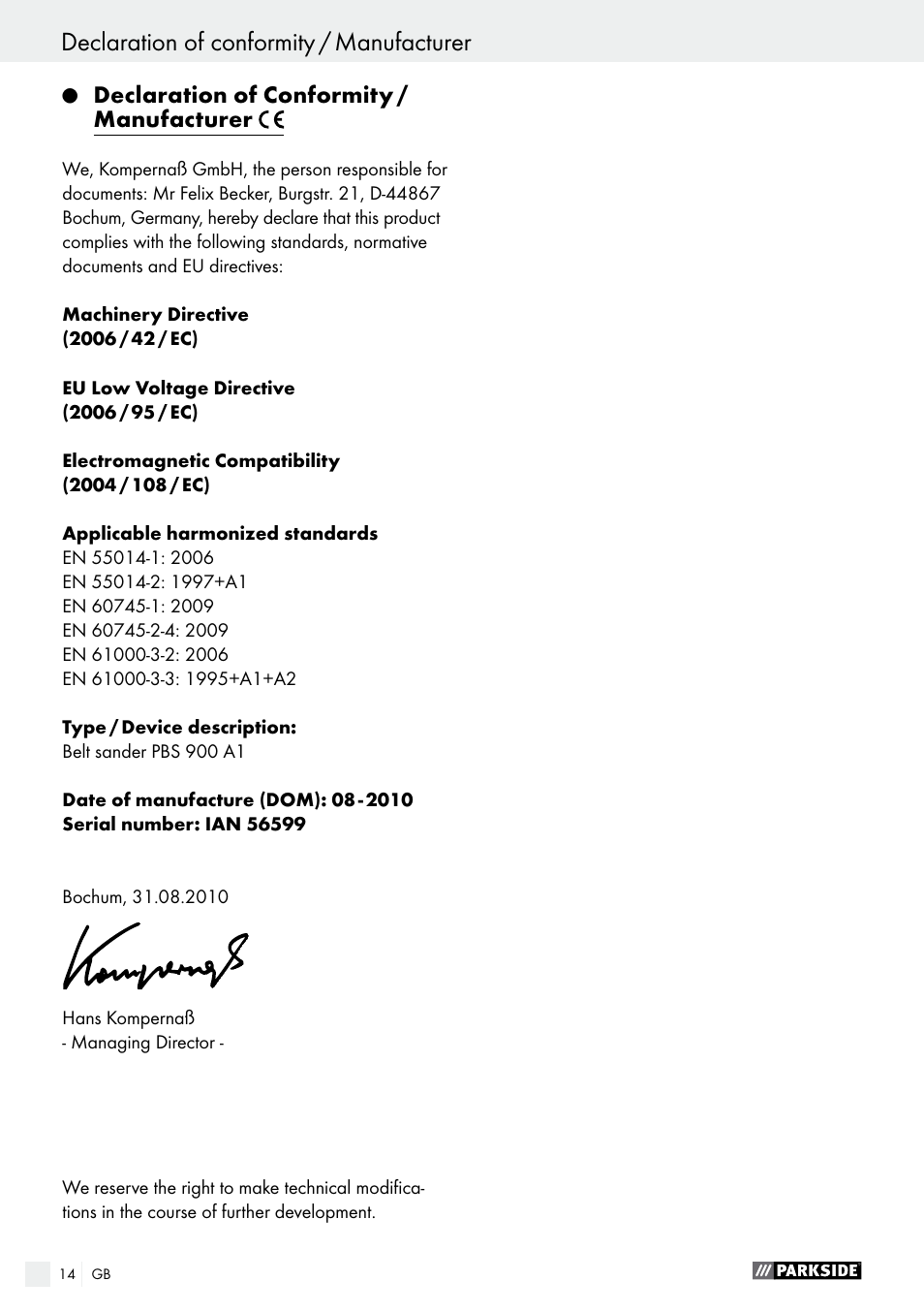 Declaration of conformity / manufacturer | Parkside PBS 900 A1 User Manual | Page 14 / 79