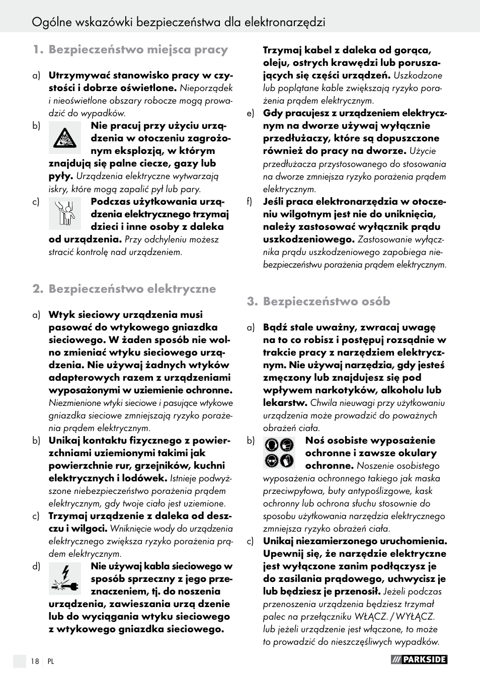 Bezpieczeństwo miejsca pracy, Bezpieczeństwo elektryczne, Bezpieczeństwo osób | Parkside PBS 900 A1 User Manual | Page 18 / 79