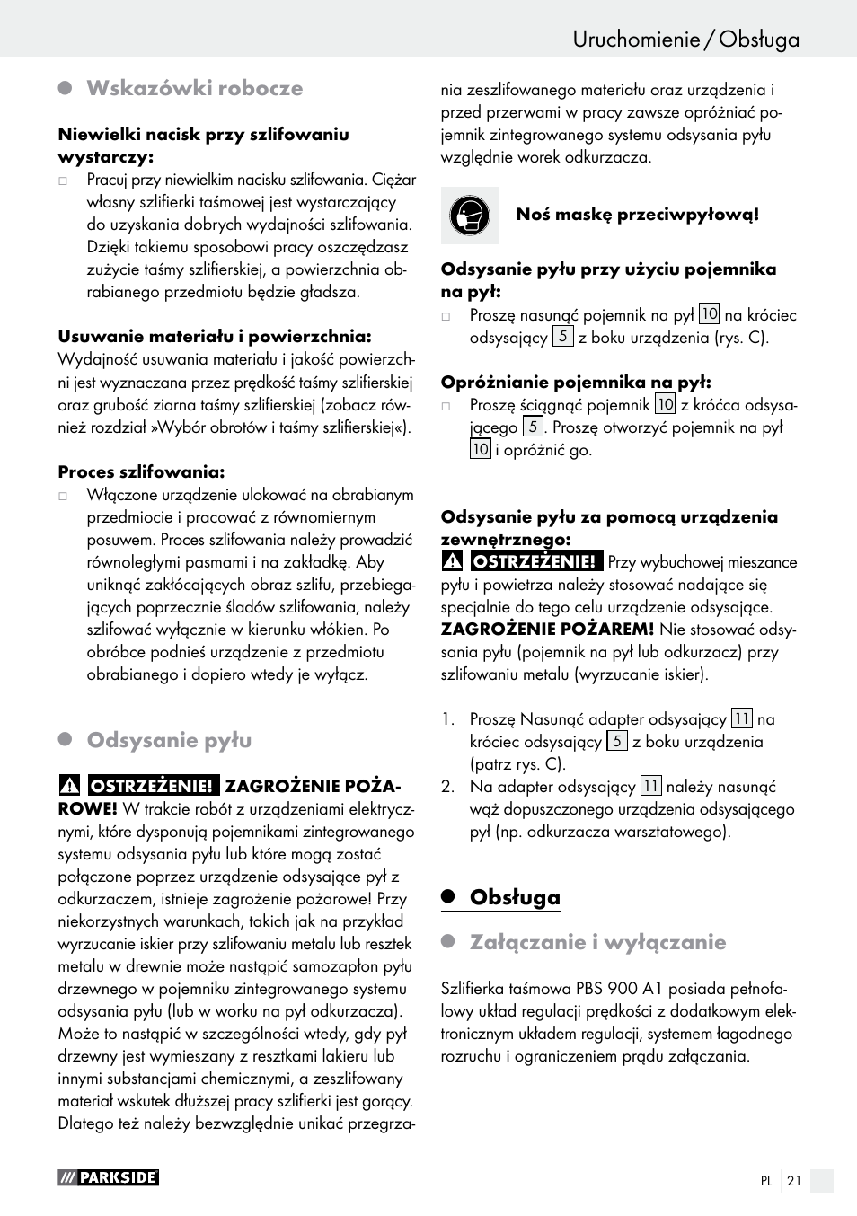 Uruchomienie / obsługa, Wskazówki robocze, Odsysanie pyłu | Obsługa, Załączanie i wyłączanie | Parkside PBS 900 A1 User Manual | Page 21 / 79