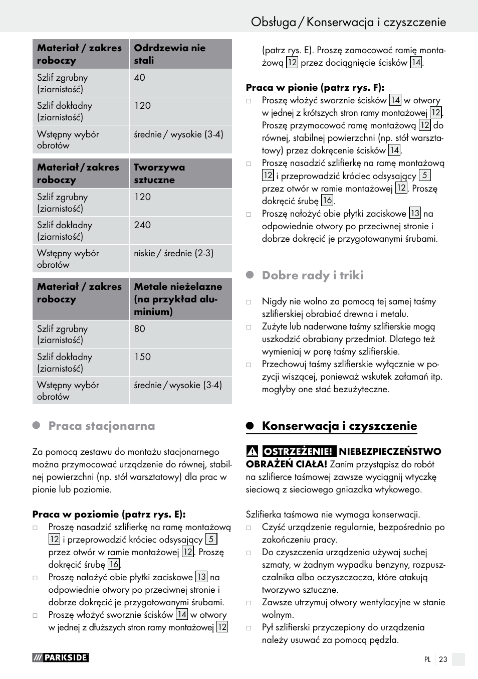 Obsługa / konserwacja i czyszczenie, Praca stacjonarna, Dobre rady i triki | Konserwacja i czyszczenie | Parkside PBS 900 A1 User Manual | Page 23 / 79