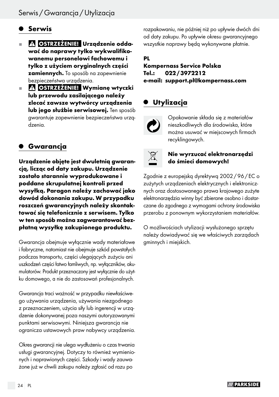 Serwis / gwarancja / utylizacja, Serwis, Gwarancja | Utylizacja | Parkside PBS 900 A1 User Manual | Page 24 / 79