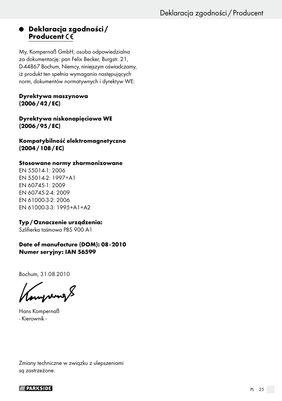 Deklaracja zgodności / producent | Parkside PBS 900 A1 User Manual | Page 25 / 79