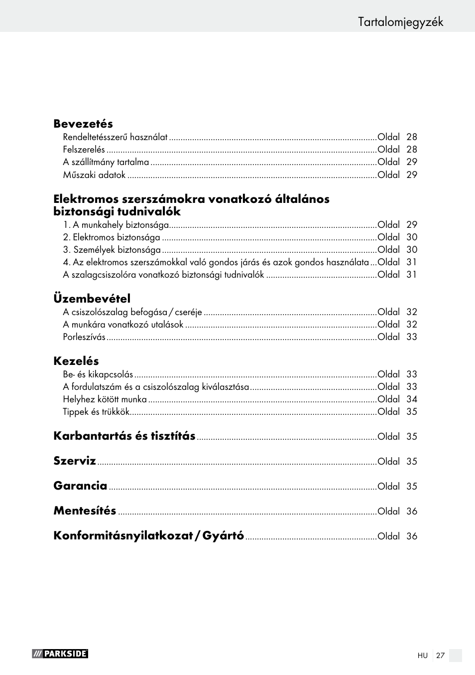 Tartalomjegyzék | Parkside PBS 900 A1 User Manual | Page 27 / 79