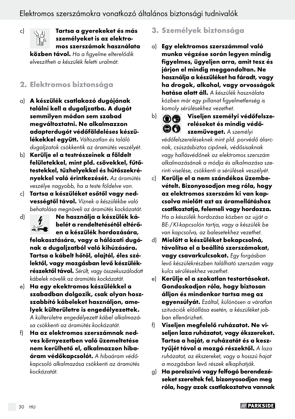 Elektromos biztonsága, Személyek biztonsága | Parkside PBS 900 A1 User Manual | Page 30 / 79