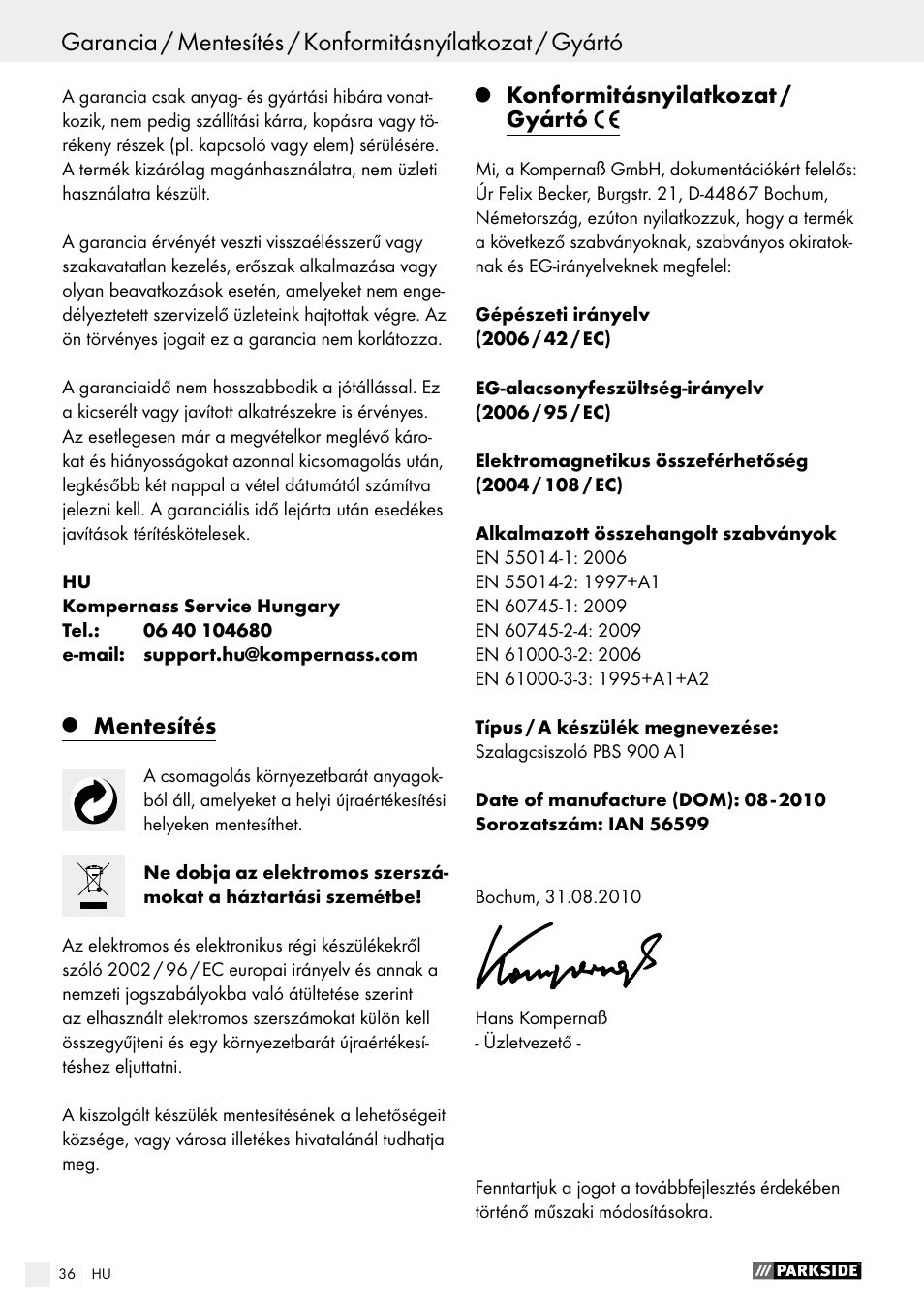 Mentesítés, Konformitásnyilatkozat / gyártó | Parkside PBS 900 A1 User Manual | Page 36 / 79
