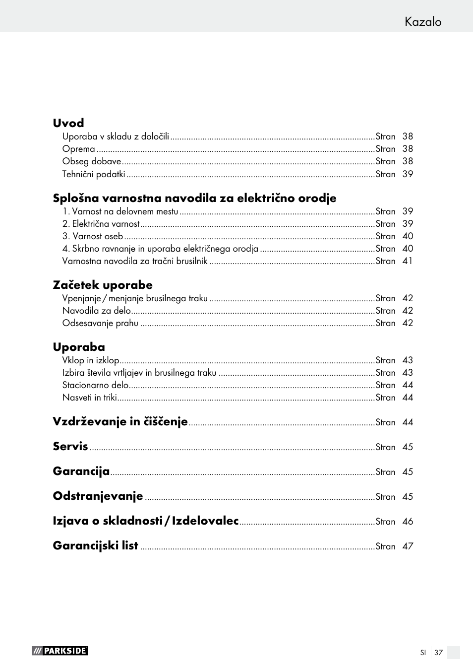 Kazalo | Parkside PBS 900 A1 User Manual | Page 37 / 79