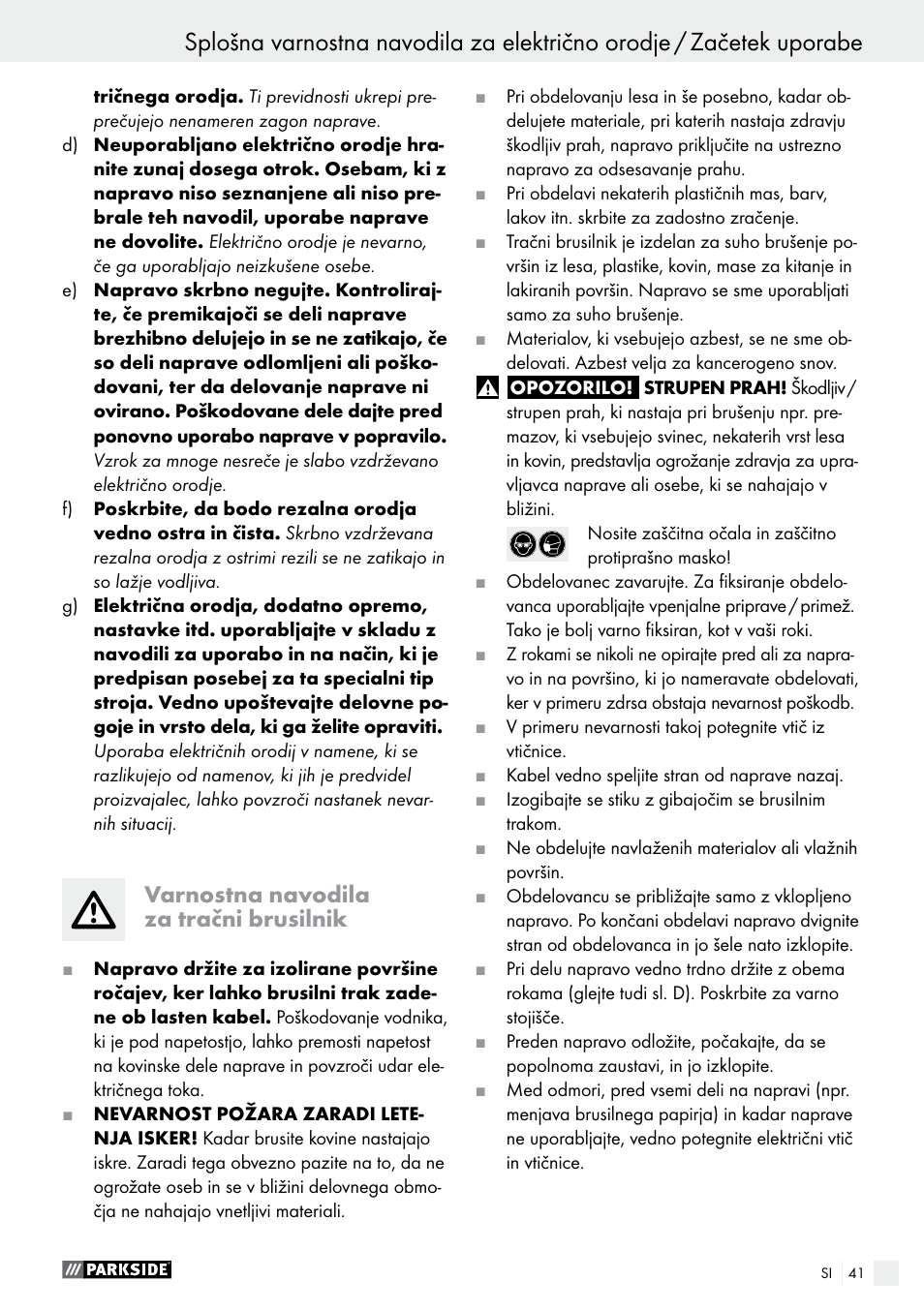 Varnostna navodila za tračni brusilnik | Parkside PBS 900 A1 User Manual | Page 41 / 79