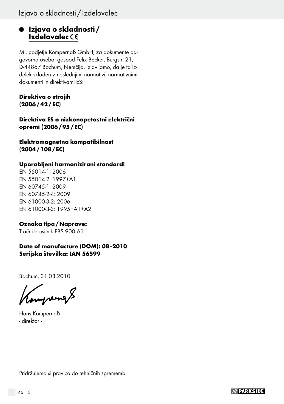 Izjava o skladnosti / izdelovalec | Parkside PBS 900 A1 User Manual | Page 46 / 79