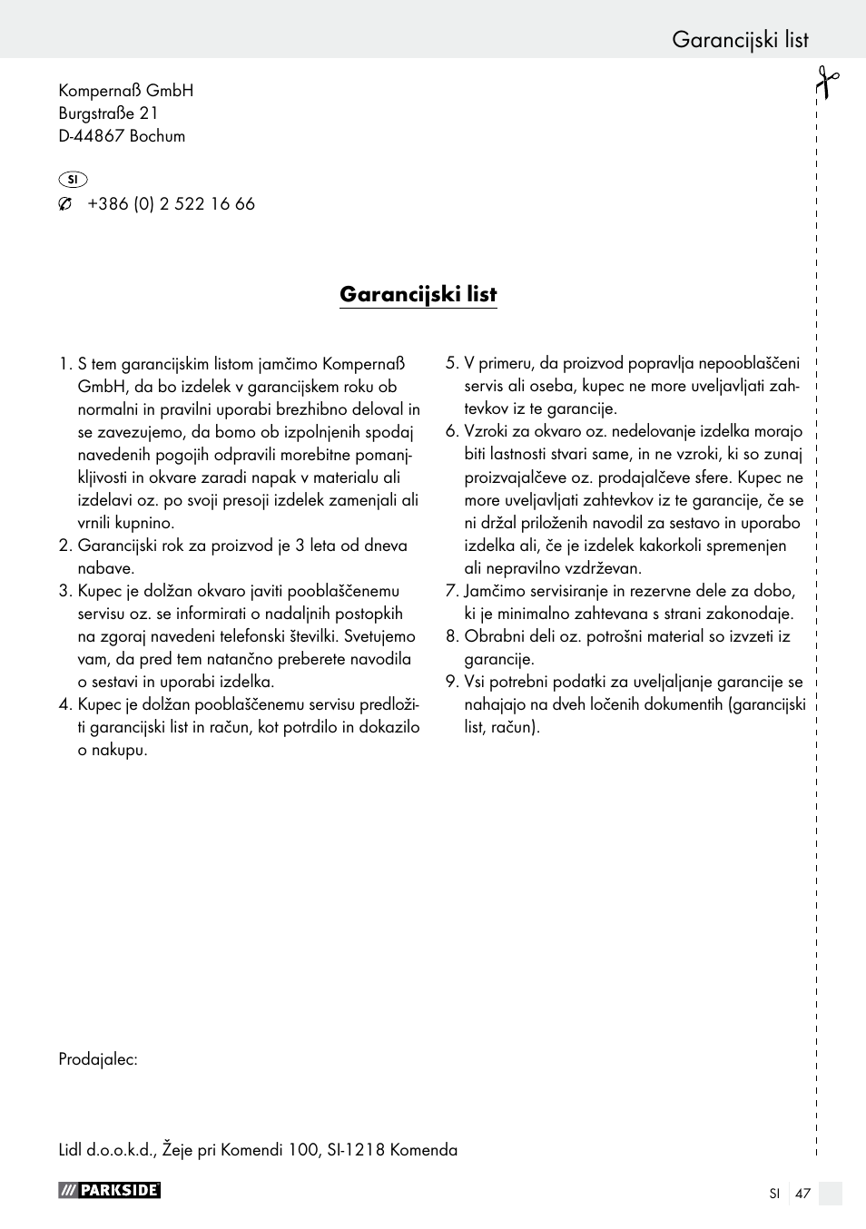 Garancijski list | Parkside PBS 900 A1 User Manual | Page 47 / 79
