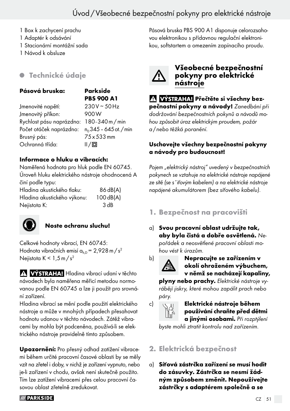 Technické údaje, Bezpečnost na pracovišti, Elektrická bezpečnost | Parkside PBS 900 A1 User Manual | Page 51 / 79