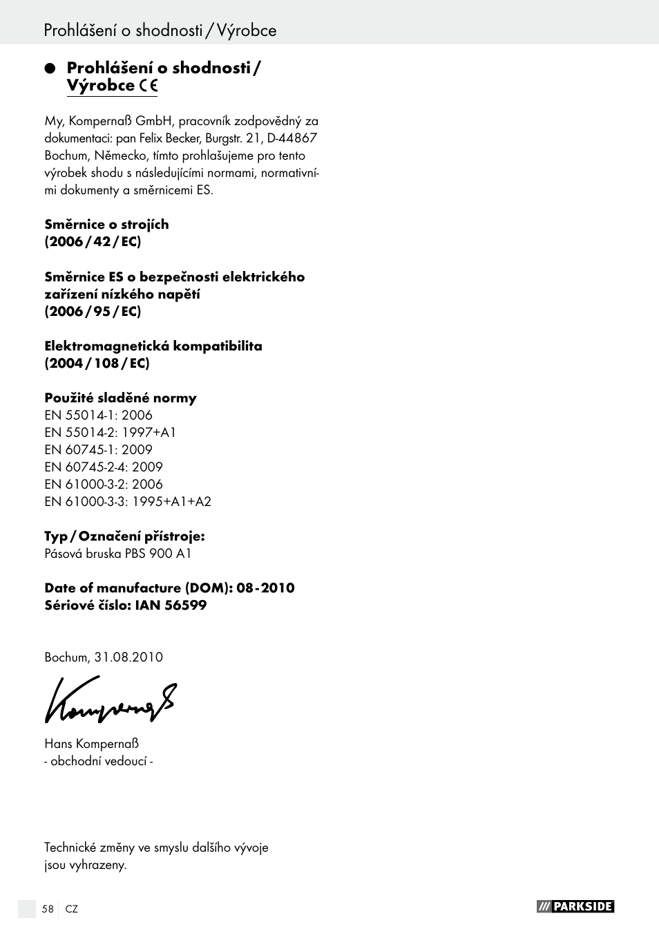 Prohlášení o shodnosti / výrobce | Parkside PBS 900 A1 User Manual | Page 58 / 79