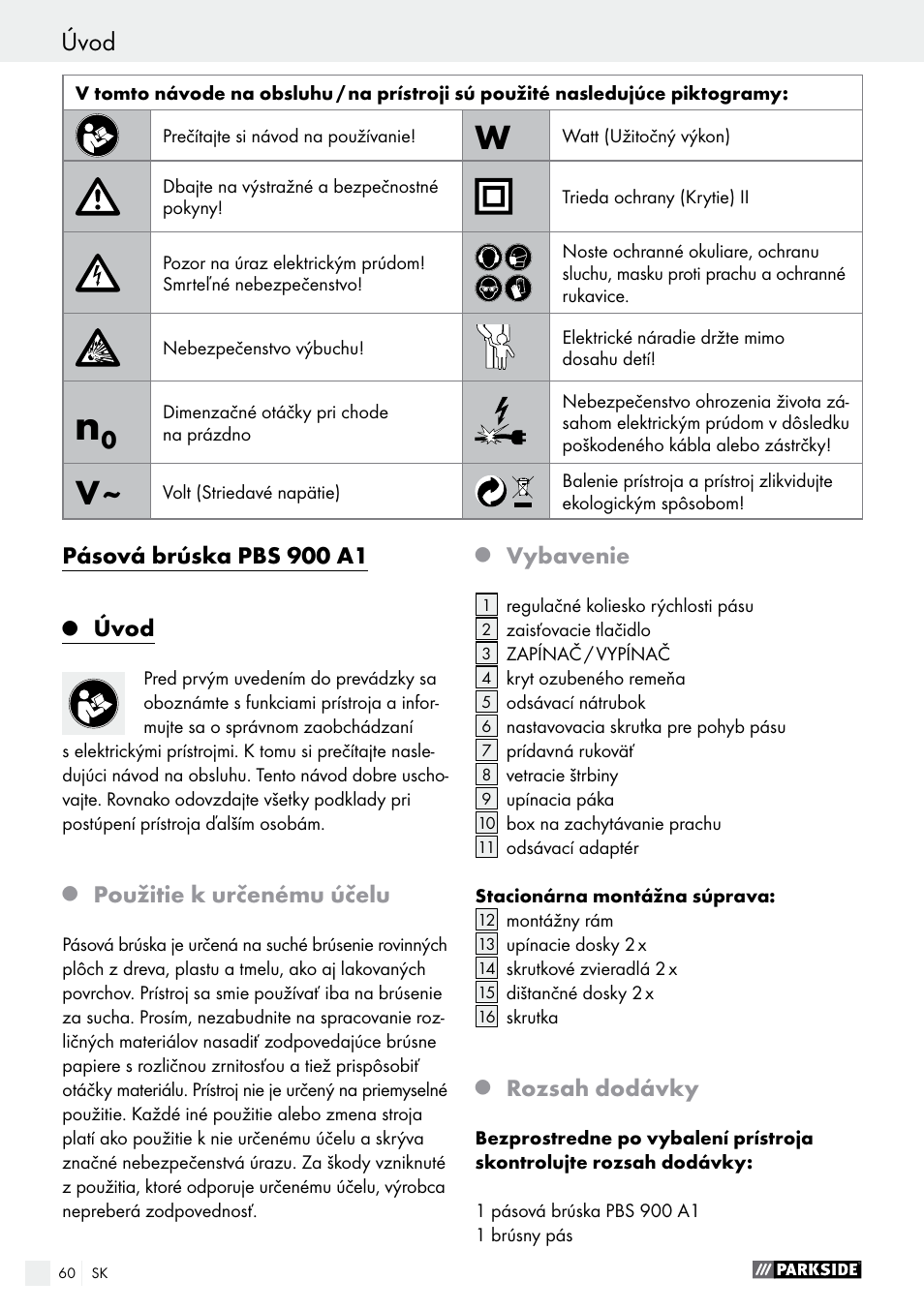 Pásová brúska pbs 900 a1, Úvod, Použitie k určenému účelu | Vybavenie, Rozsah dodávky | Parkside PBS 900 A1 User Manual | Page 60 / 79