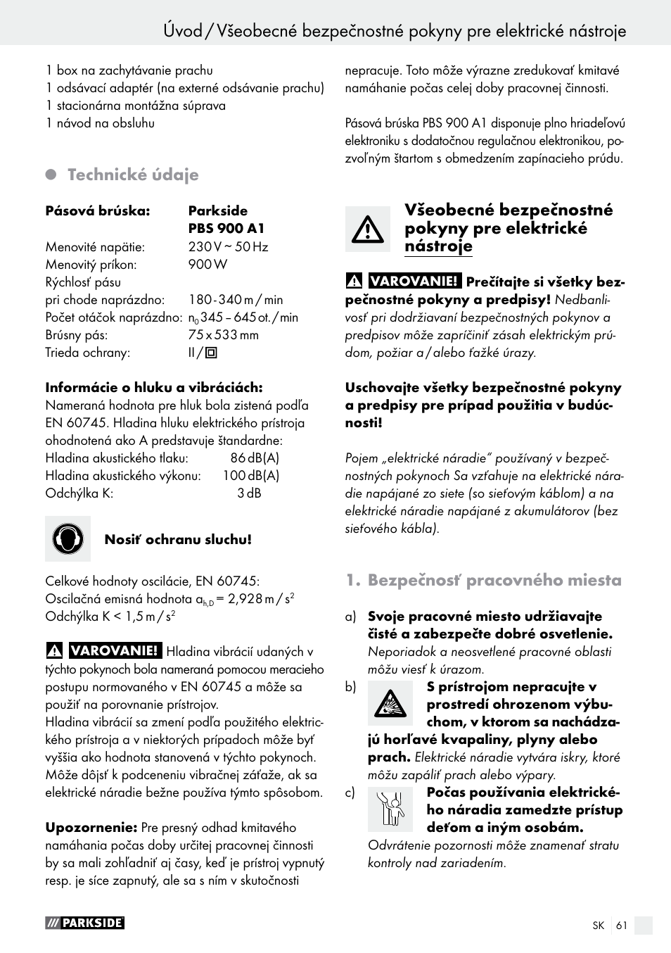 Technické údaje, Bezpečnosť pracovného miesta | Parkside PBS 900 A1 User Manual | Page 61 / 79